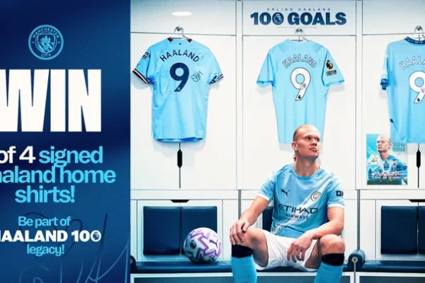 赢得四件签约哈兰德球衣中的一件，庆祝他的英超100球