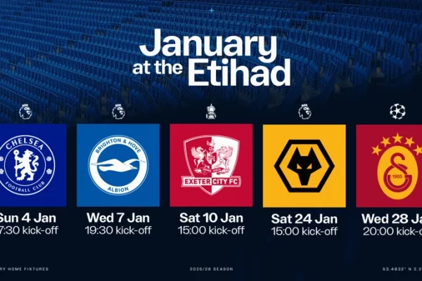 曼城一月主场赛程一览｜阿提哈德连战切尔西、布莱顿、狼队，欧冠夜迎加拉塔萨雷